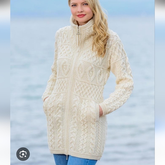 Aran Merino Wool Chunky Fisherman Knit Double Collar Cardigan Coat Sweater NWOT - Picture 1 of 14